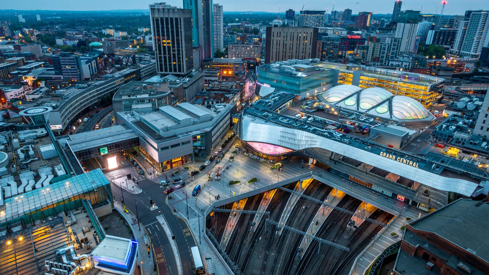 Birmingham city centre at dusk, the heart of our West Midlands operating area
